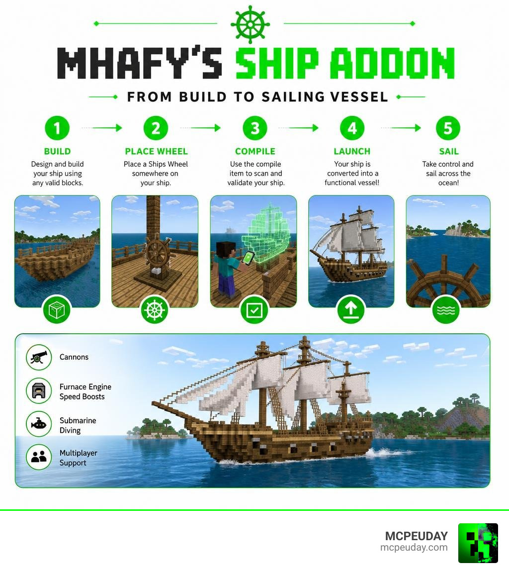 Mhafy's Ship Addon infographic showing compilation process from build to sailing vessel infographic Mhafy's Ship Addon infographic showing compilation process from build to sailing vessel infographic