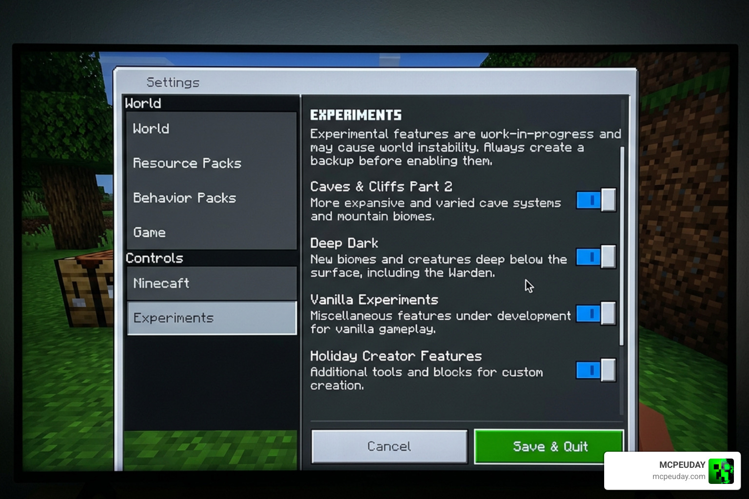 Minecraft Bedrock experimental settings toggle screen layout with active experiments