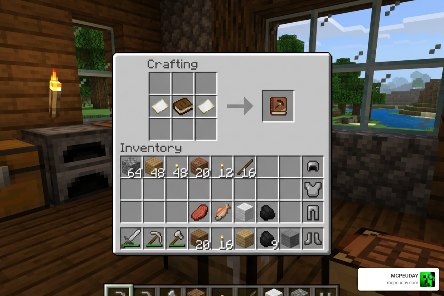 Crafting recipe of the Building Book in Minecraft Bedrock using a book and paper