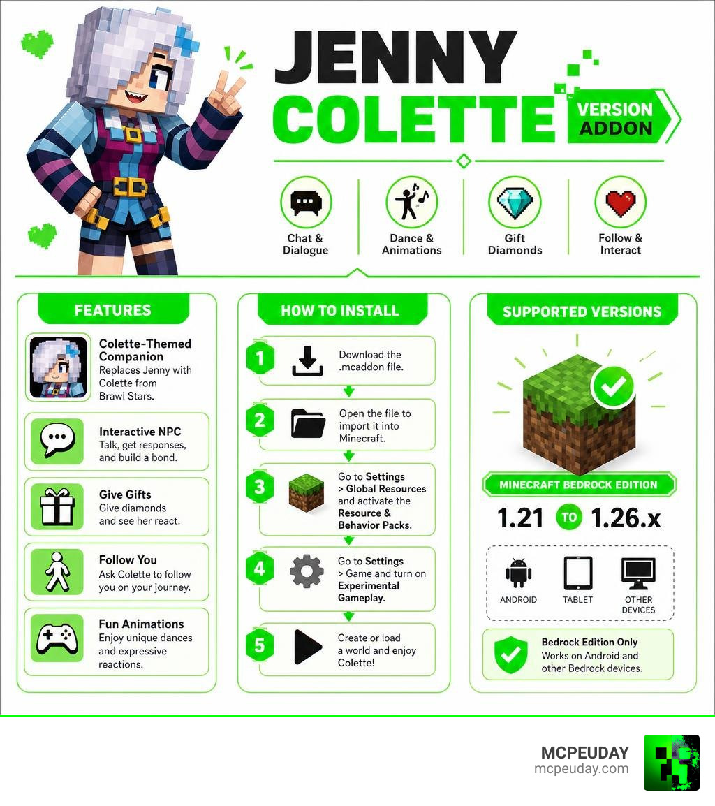 Infographic showing Jenny Colette Version Addon features, installation steps, and supported versions infographic Infographic showing Jenny Colette Version Addon features, installation steps, and supported versions infographic