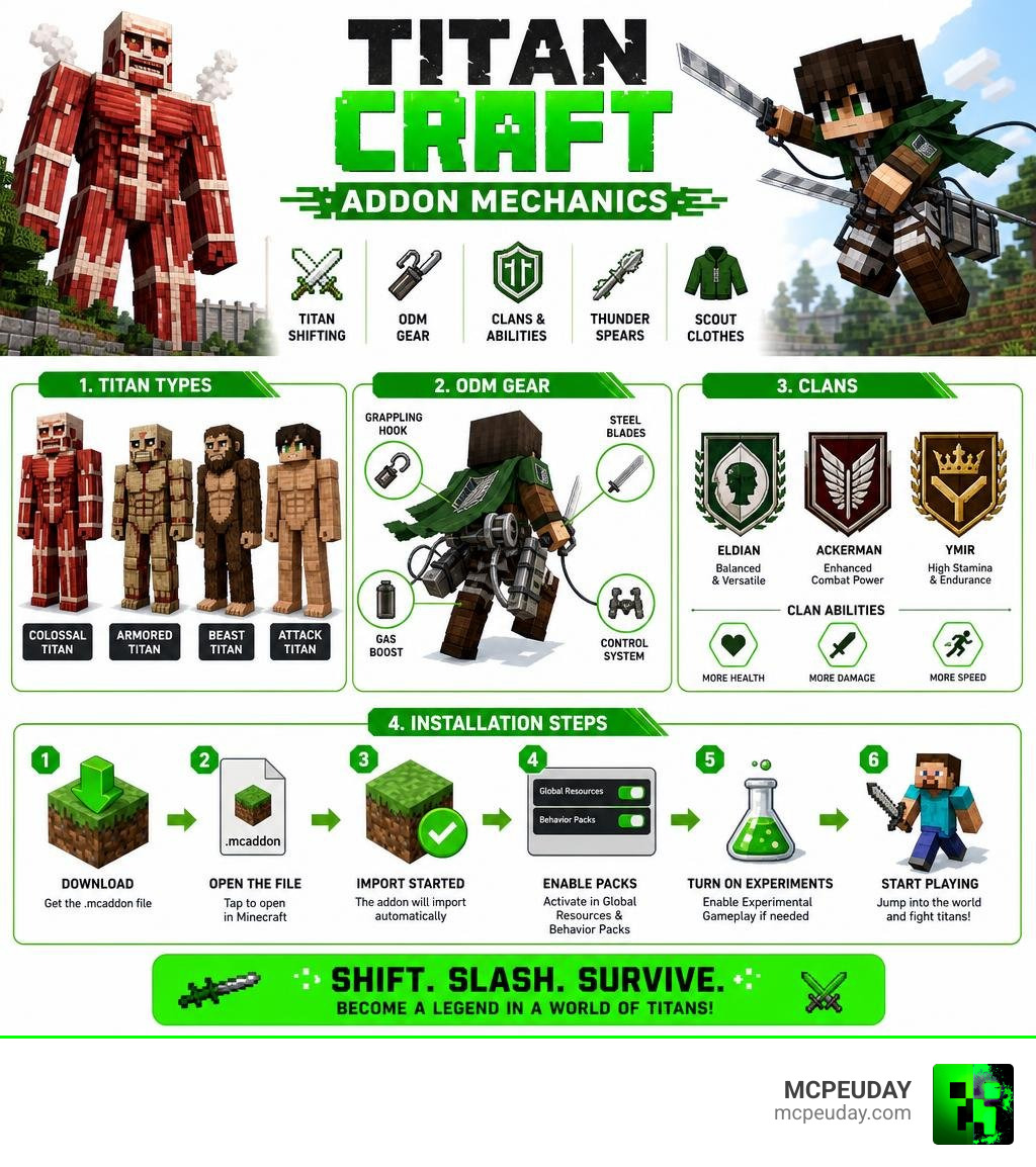 Titan Craft Addon mechanics infographic: titan types, ODM gear, clans, and installation steps for Minecraft PE infographic Titan Craft Addon mechanics infographic: titan types, ODM gear, clans, and installation steps for Minecraft PE infographic