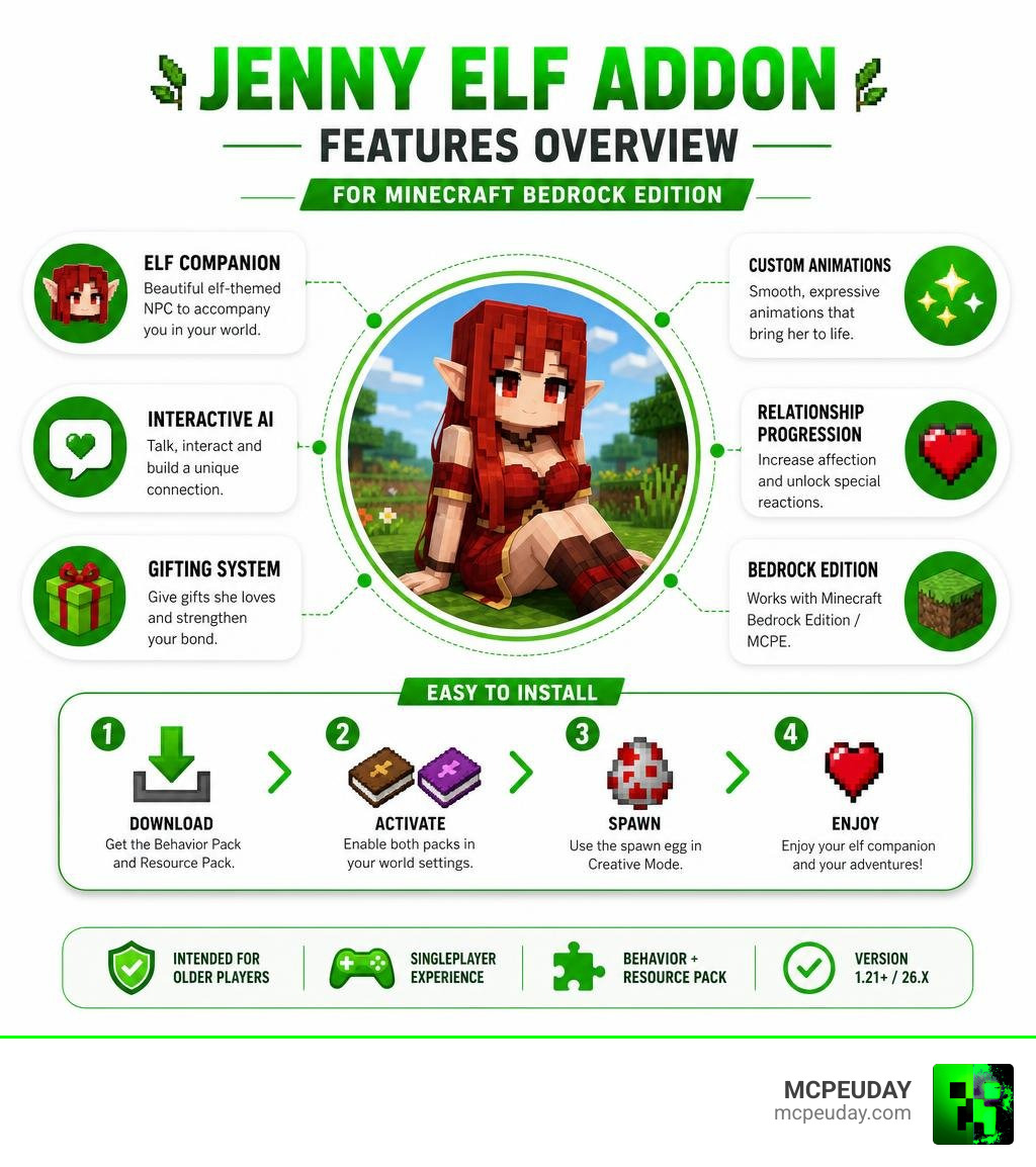 Jenny Elf Addon features overview infographic for Minecraft Bedrock Edition infographic Jenny Elf Addon features overview infographic for Minecraft Bedrock Edition infographic