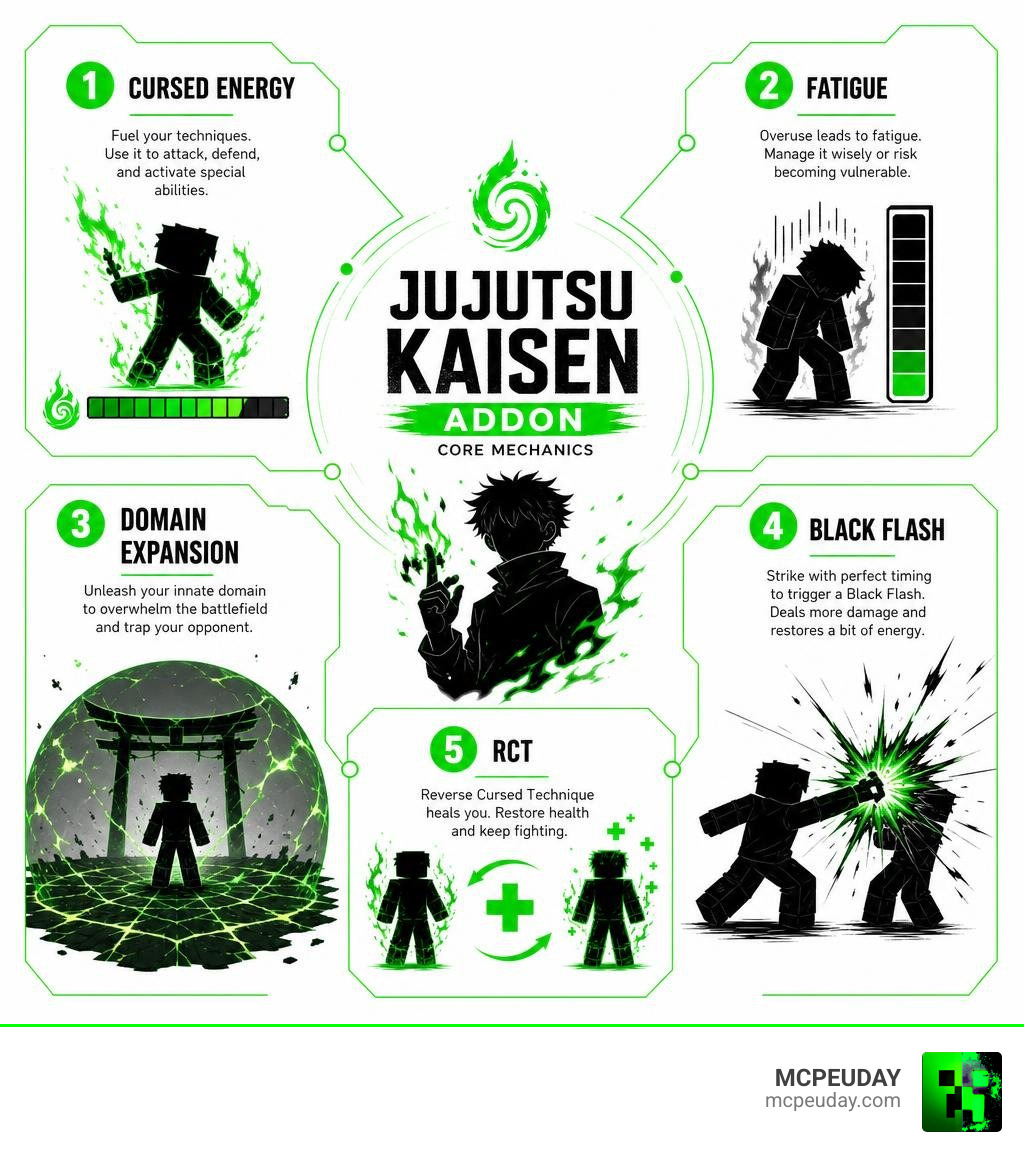 Jujutsu Kaisen Addon core mechanics infographic: cursed energy, fatigue, domain expansion, Black Flash, RCT infographic