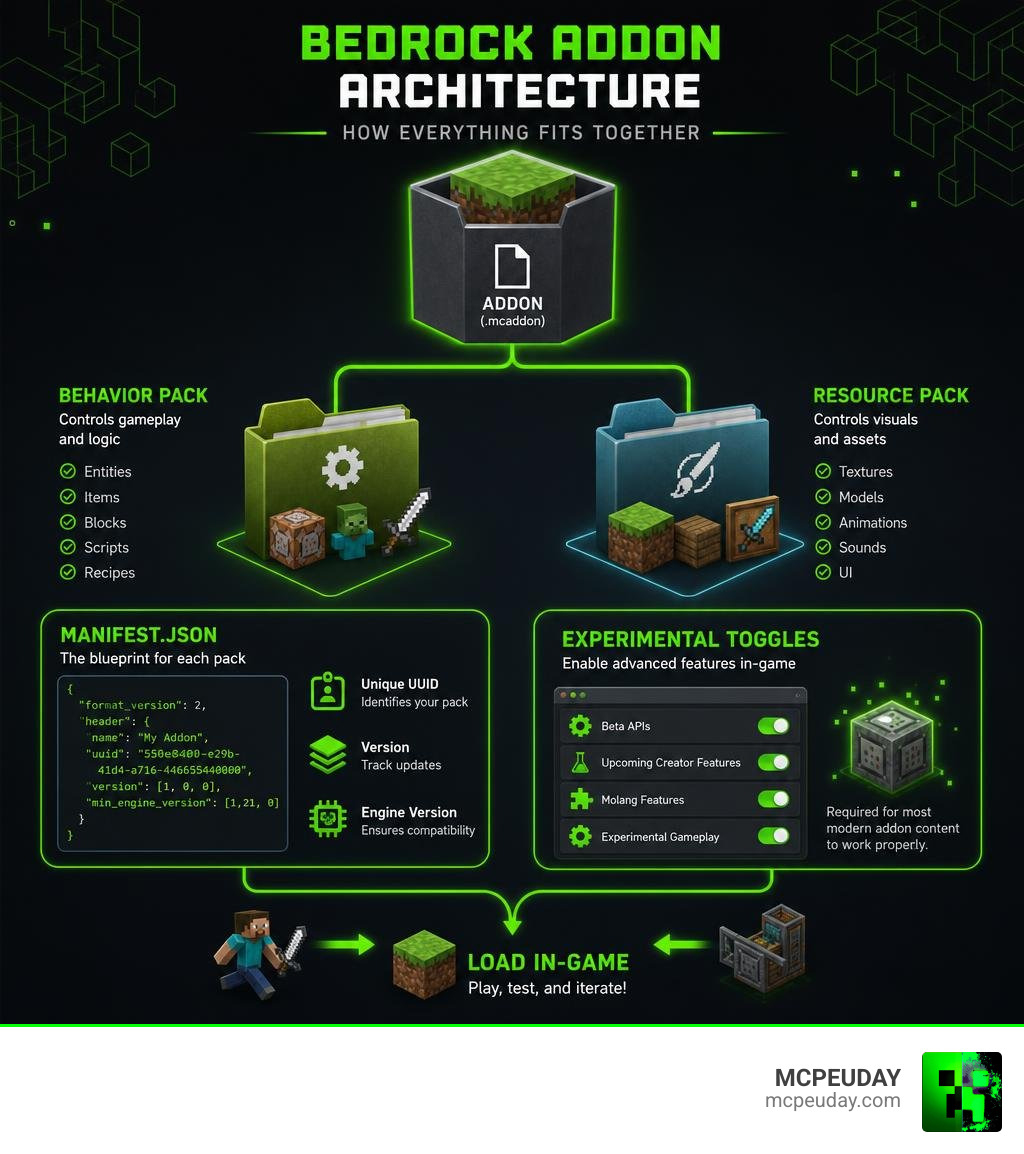 Bedrock addon architecture infographic showing behavior pack, resource pack, manifest.json, and experimental toggles Bedrock addon architecture infographic showing behavior pack, resource pack, manifest.json, and experimental toggles