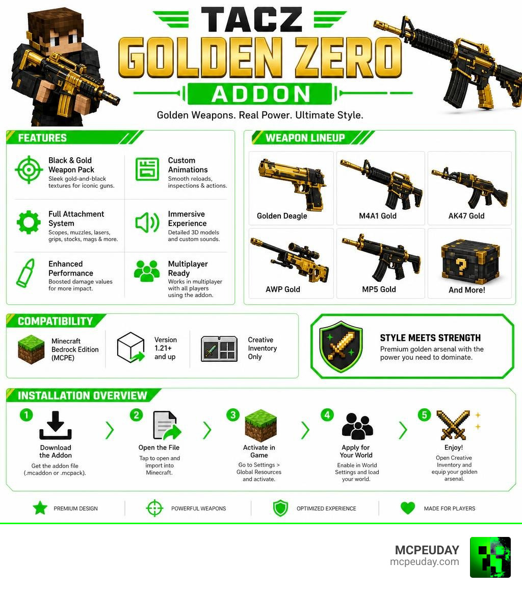 Infographic showing TACZ Golden Zero Addon features, weapon list, compatibility, and installation overview infographic Infographic showing TACZ Golden Zero Addon features, weapon list, compatibility, and installation overview infographic