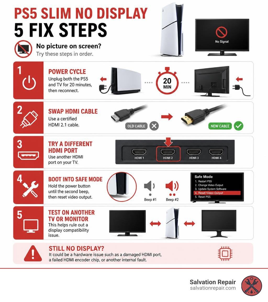 PS5 Slim no display fix steps infographic from power cycle to HDMI port to Safe Mode infographic