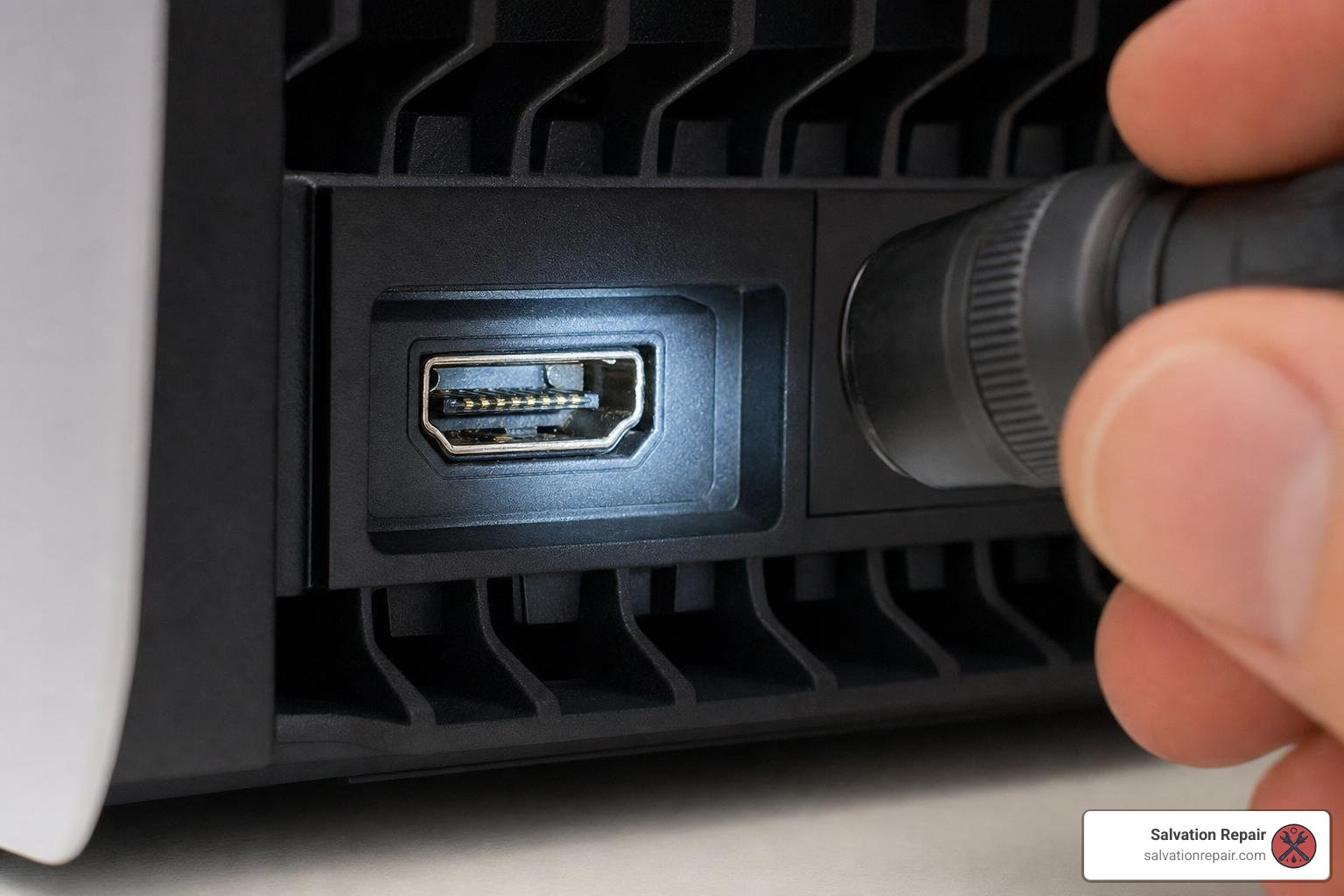 Inspecting PS5 Slim HDMI port pins for physical damage
