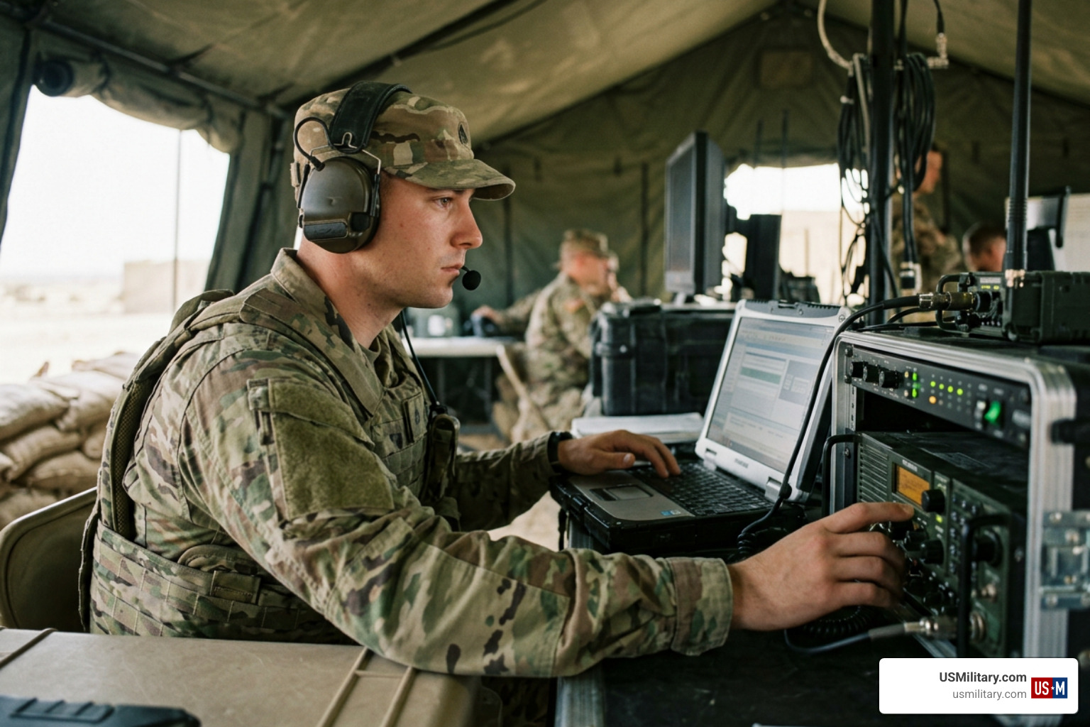 American soldier monitoring communications during regional operations in the Middle East