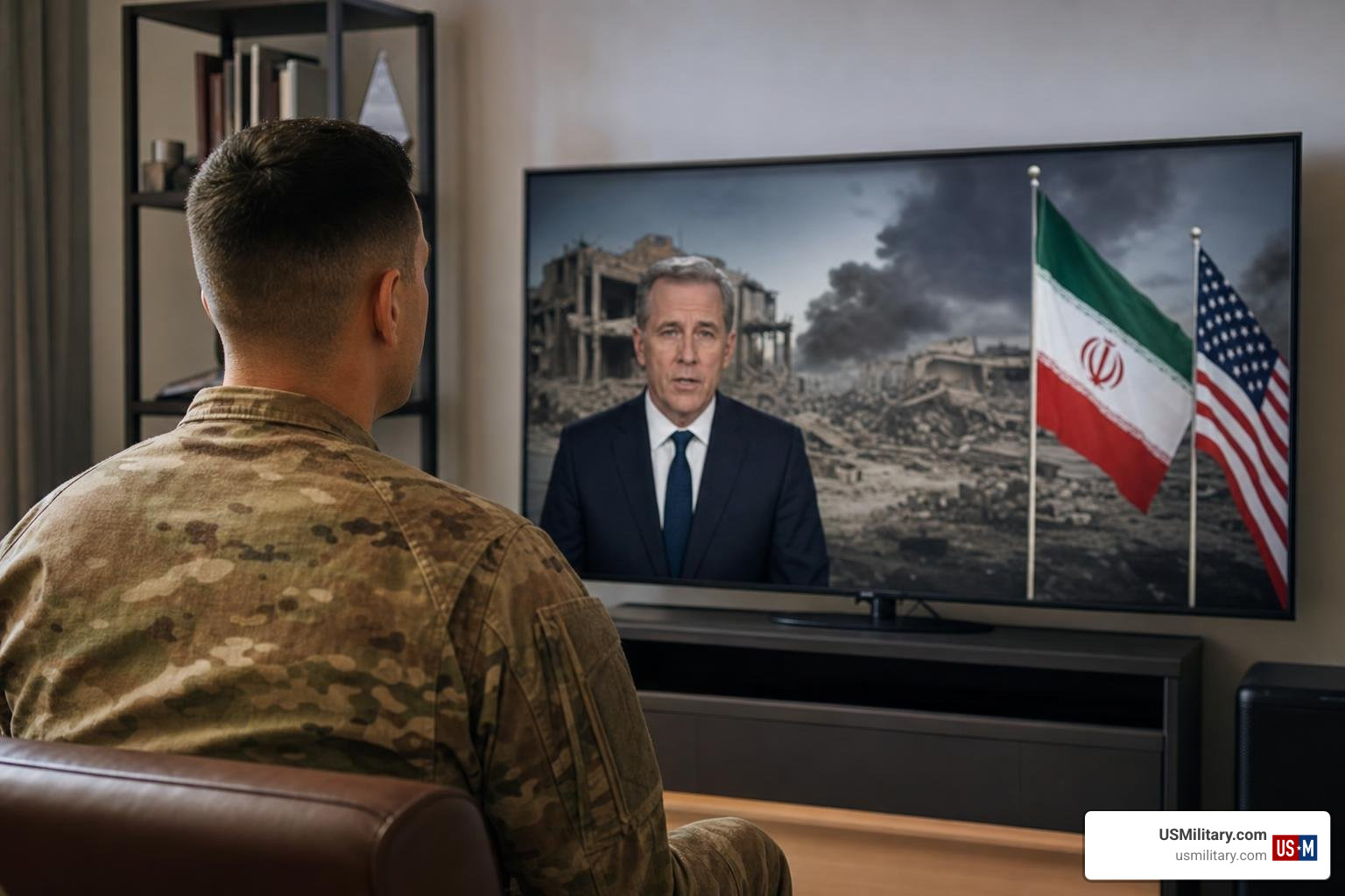 US military soldier watching news of Iran war ceasefire announcement