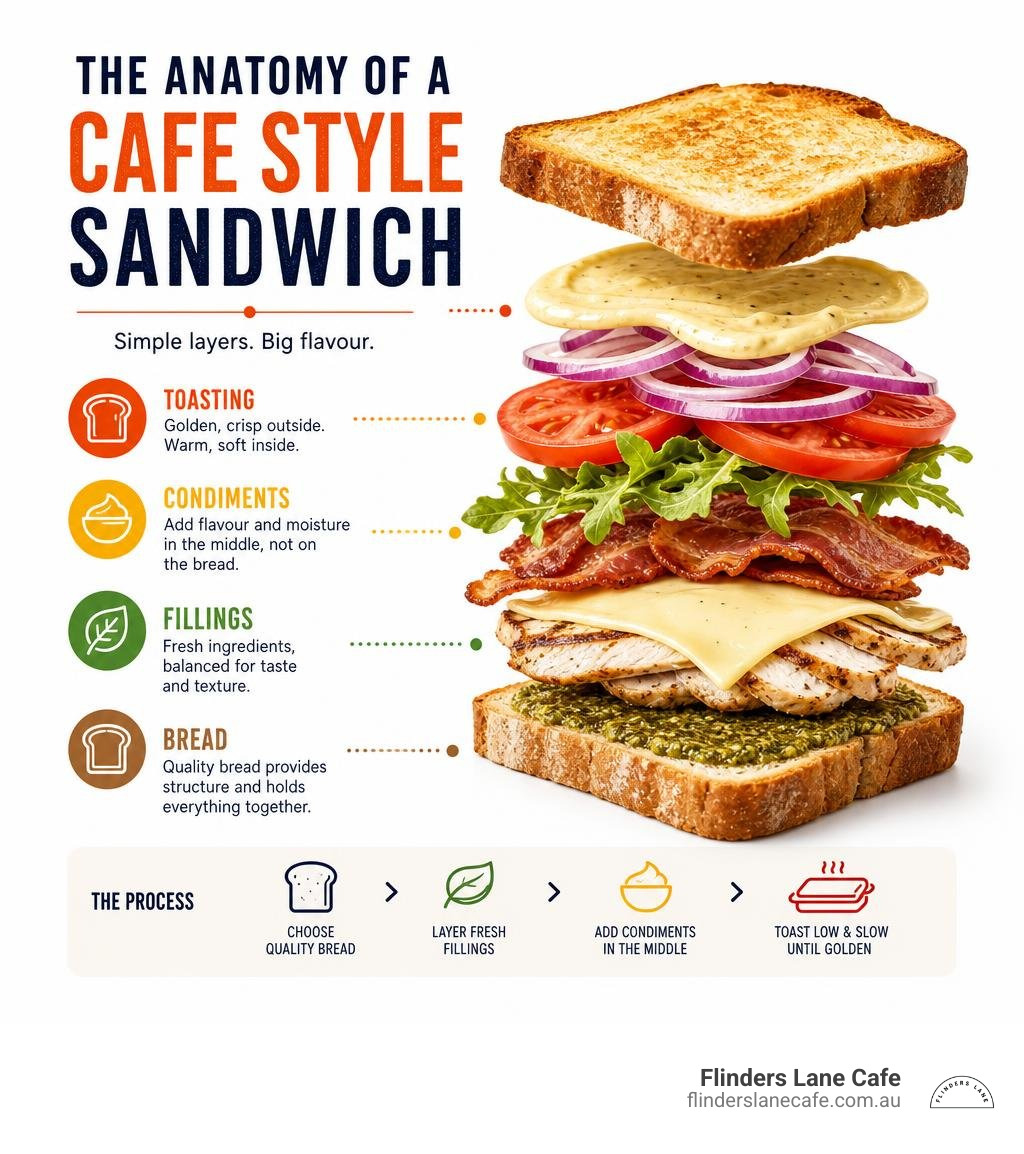 An infographic titled "The Anatomy of a Cafe Style Sandwich" showing an exploded view of layers from bread to fillings and condiments.