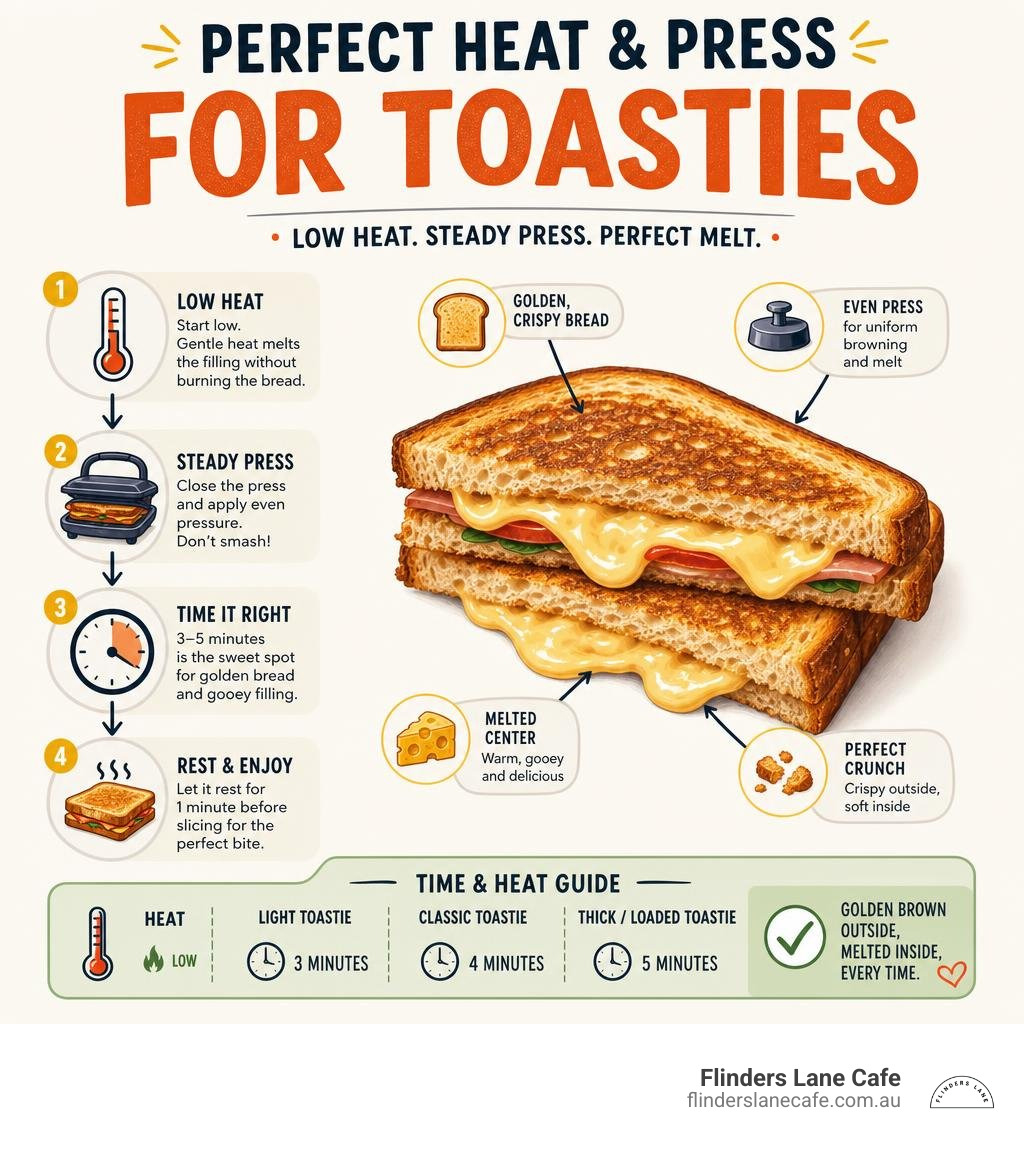 Infographic demonstrating the perfect heat and press timing for toasties infographic