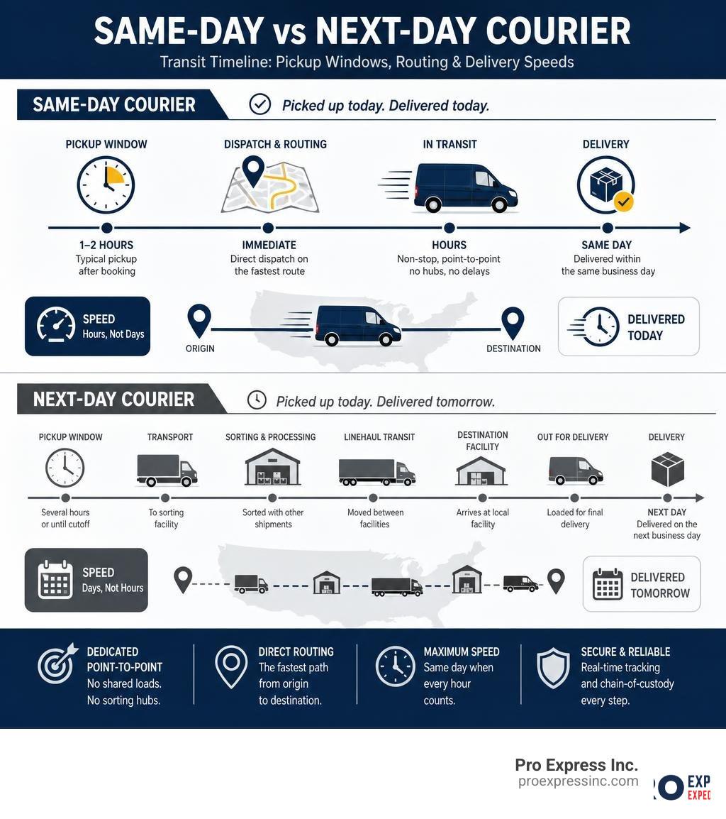 Same-day vs next-day courier transit timeline infographic showing pickup windows, routing, and delivery speeds infographic