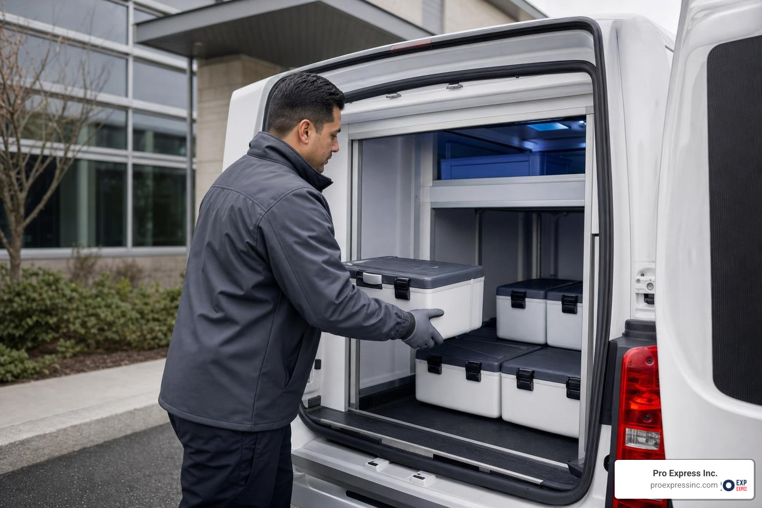 Professional medical courier loading temperature-controlled specimens into an expedited vehicle