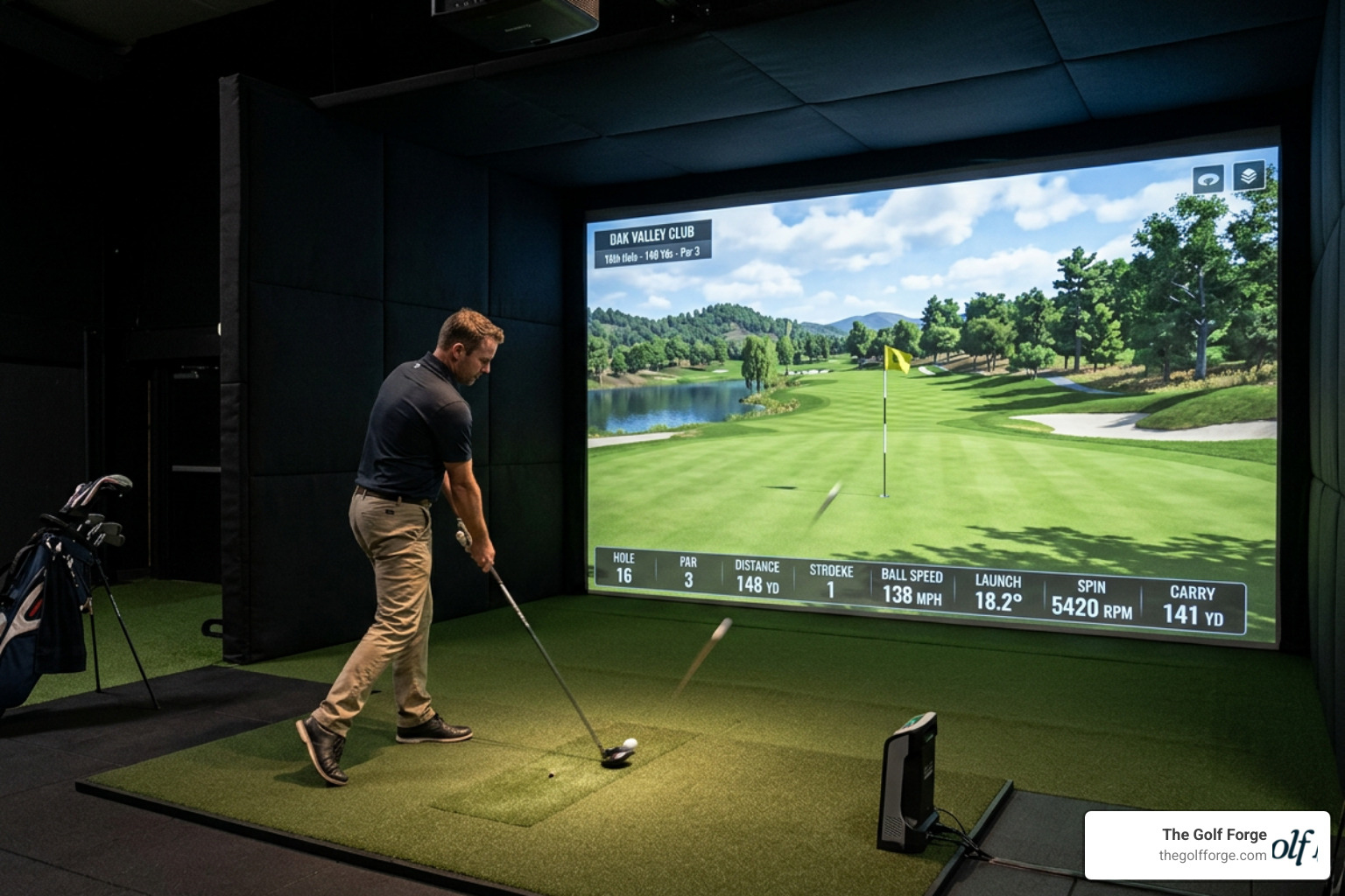 Detailed 3D rendered virtual golf course on a simulator screen Detailed 3D rendered virtual golf course on a simulator screen