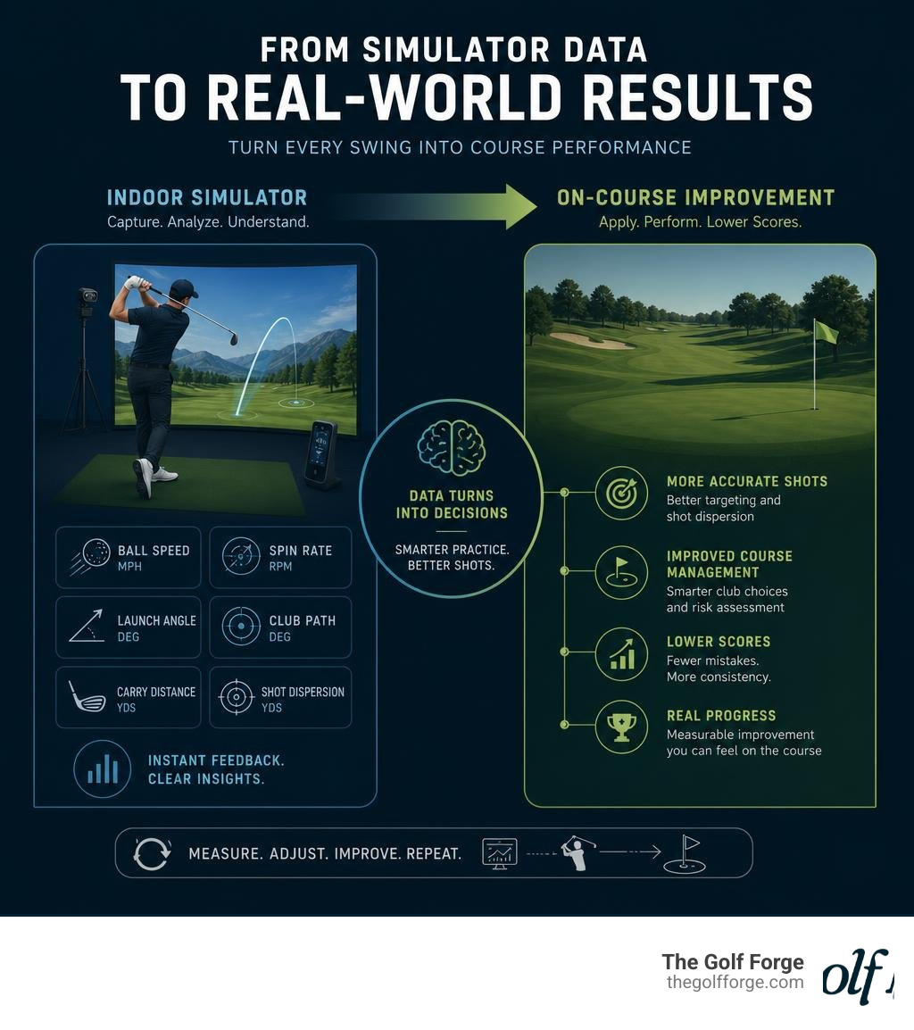 How golf simulator data translates to real-world course performance improvement infographic How golf simulator data translates to real-world course performance improvement infographic