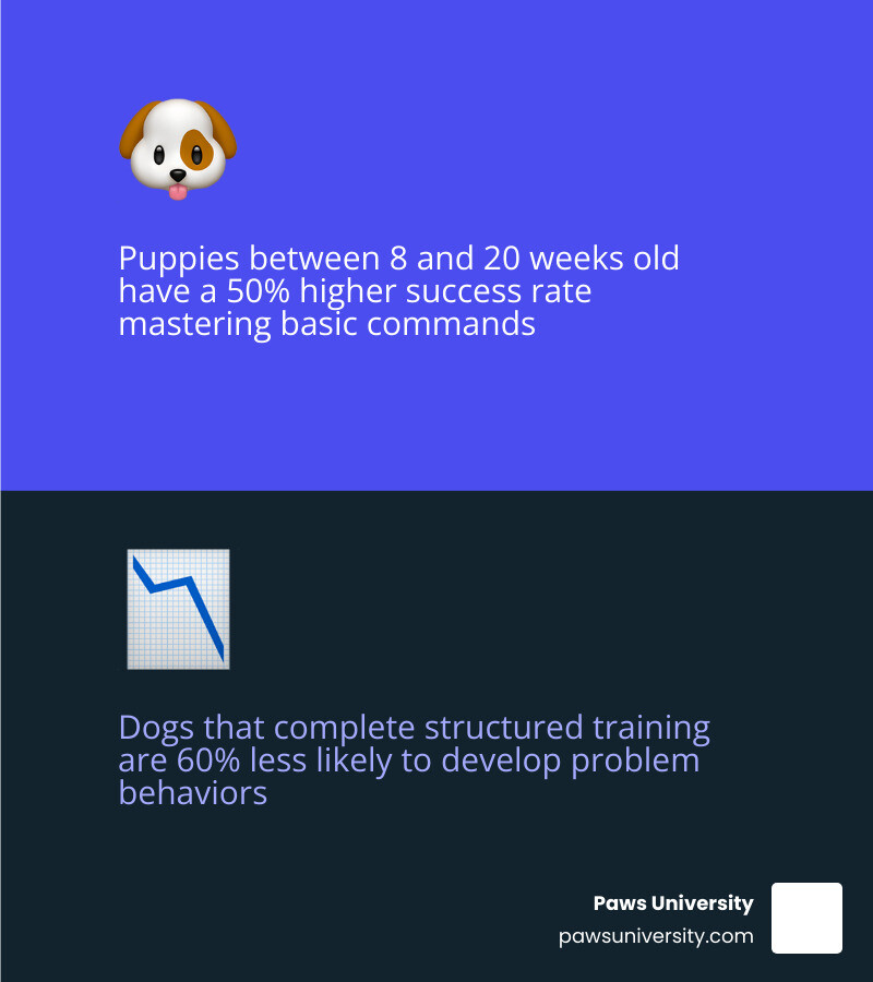 Infographic showing key benefits of early dog obedience training: behavior improvement, bonding, socialization infographic Infographic showing key benefits of early dog obedience training: behavior improvement, bonding, socialization infographic