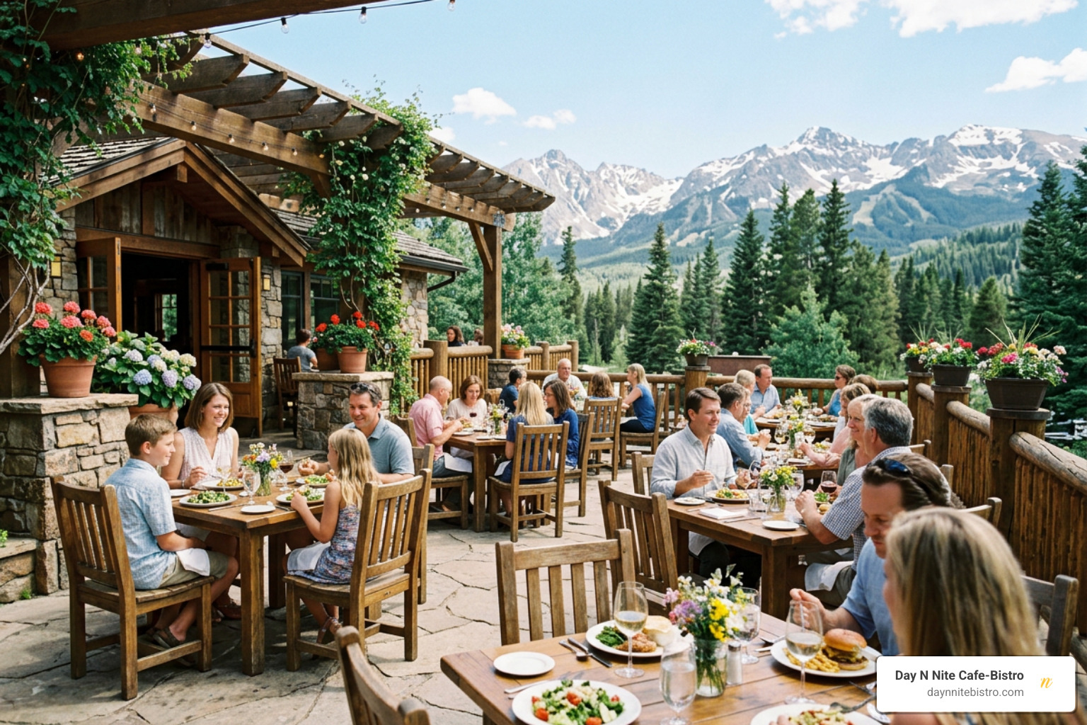 A beautiful outdoor patio dining setup with mountain views A beautiful outdoor patio dining setup with mountain views