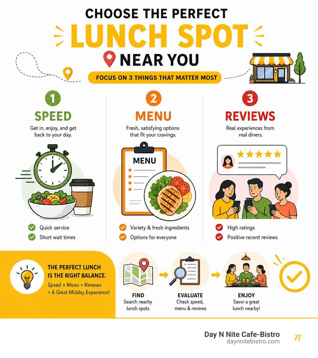 Infographic showing how to choose the perfect lunch spot near you based on speed, menu, and reviews infographic Infographic showing how to choose the perfect lunch spot near you based on speed, menu, and reviews infographic