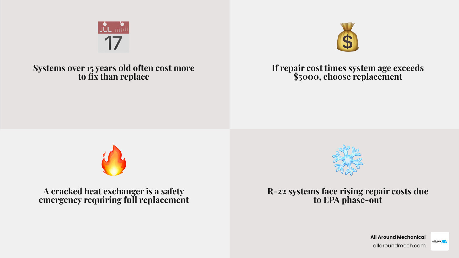 HVAC repair vs replace decision matrix infographic with age, cost rules, and replacement signs infographic HVAC repair vs replace decision matrix infographic with age, cost rules, and replacement signs infographic