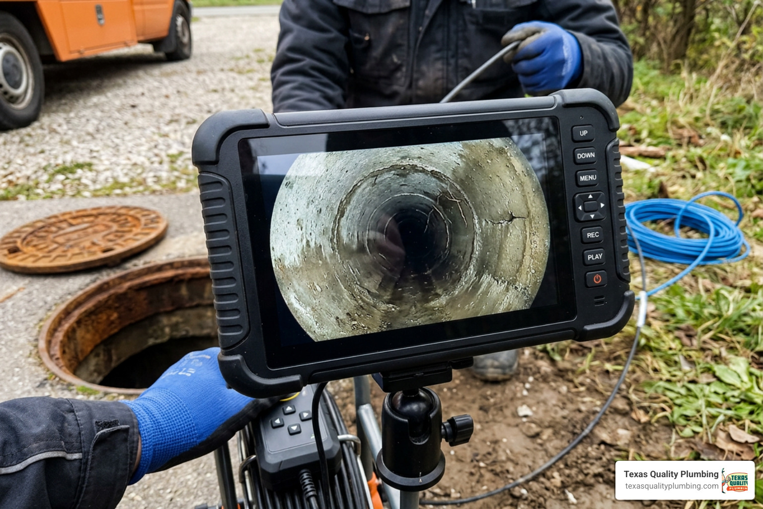 high-definition plumbing camera monitor showing pipe interior high-definition plumbing camera monitor showing pipe interior