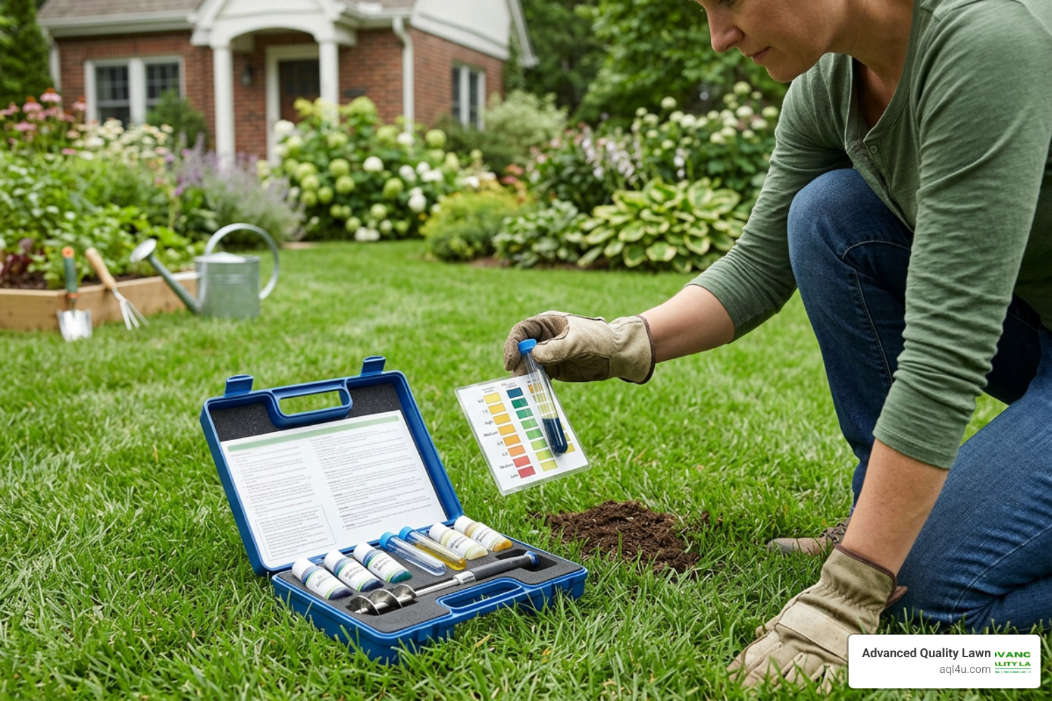 Soil testing kit being used on a lawn to check pH and nutrients