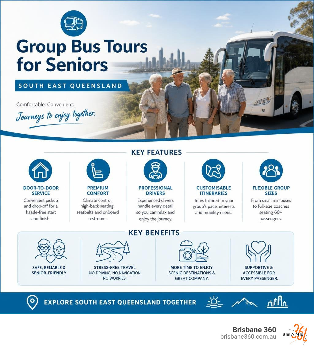 Infographic showing key features and benefits of group bus tours for seniors in South East Queensland infographic