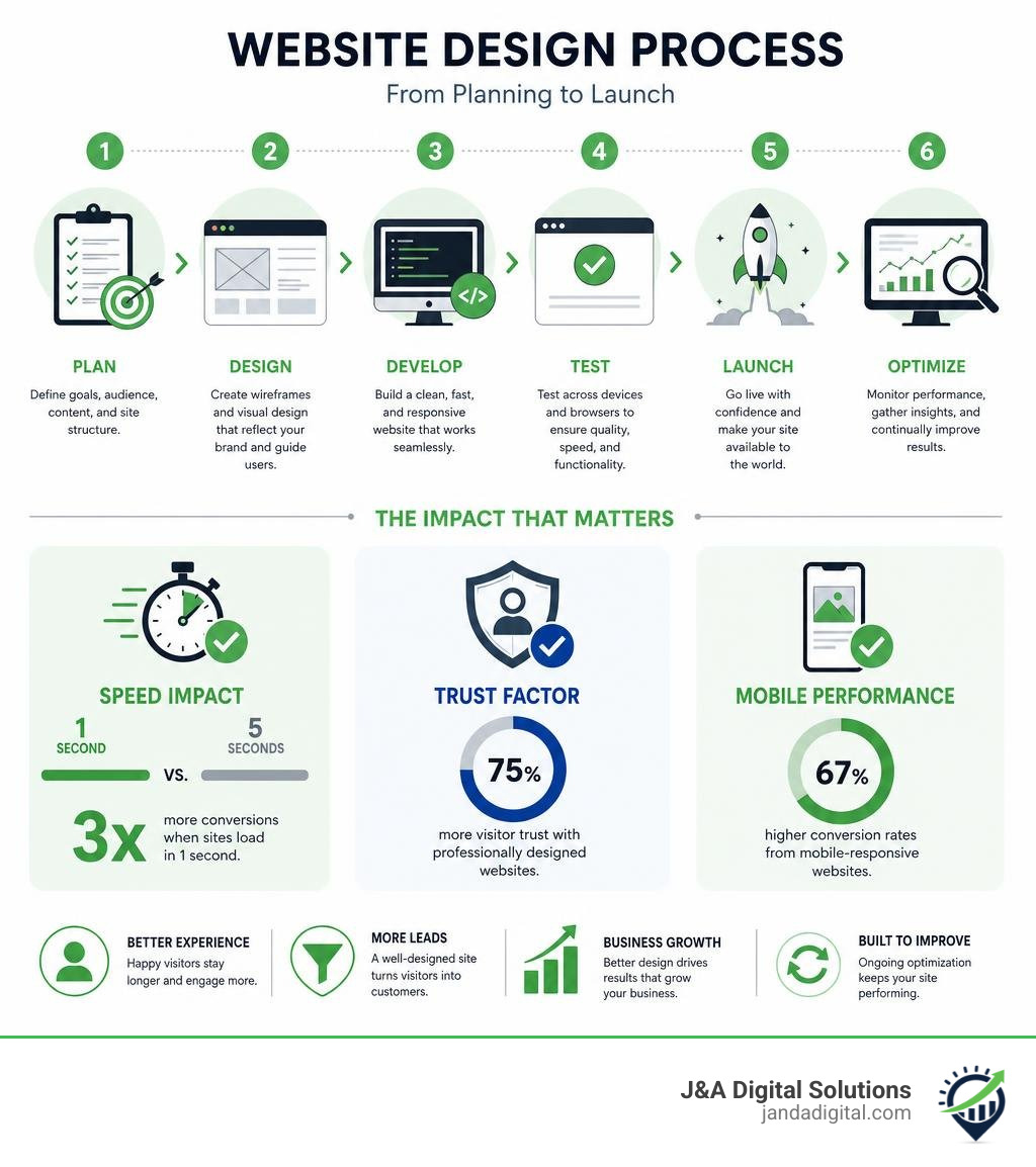 website design process infographic showing key steps from planning to launch with stats on speed, trust, and mobile website design process infographic showing key steps from planning to launch with stats on speed, trust, and mobile