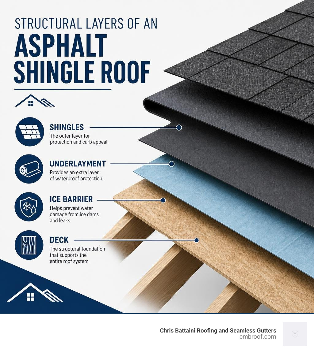 Structural layers of an asphalt shingle roof infographic showing deck, underlayment, ice barrier, and shingles infographic