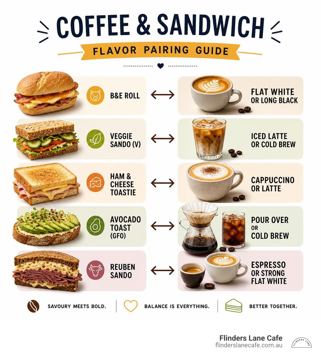Infographic showing coffee and sandwich flavor pairing guide with matching combinations infographic