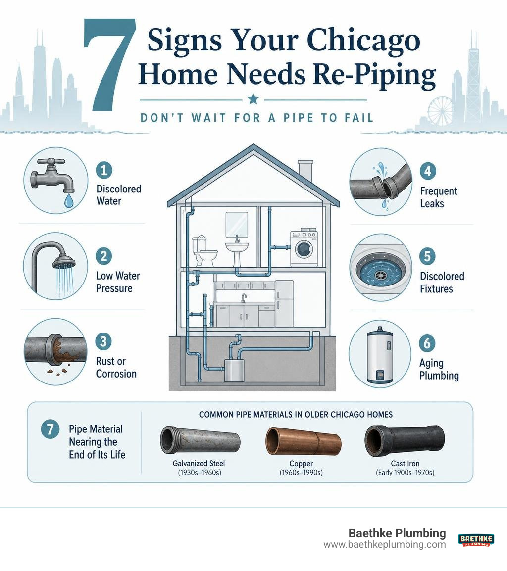 Infographic showing 7 signs a Chicago home needs repiping with pipe materials and cost ranges infographic Infographic showing 7 signs a Chicago home needs repiping with pipe materials and cost ranges infographic