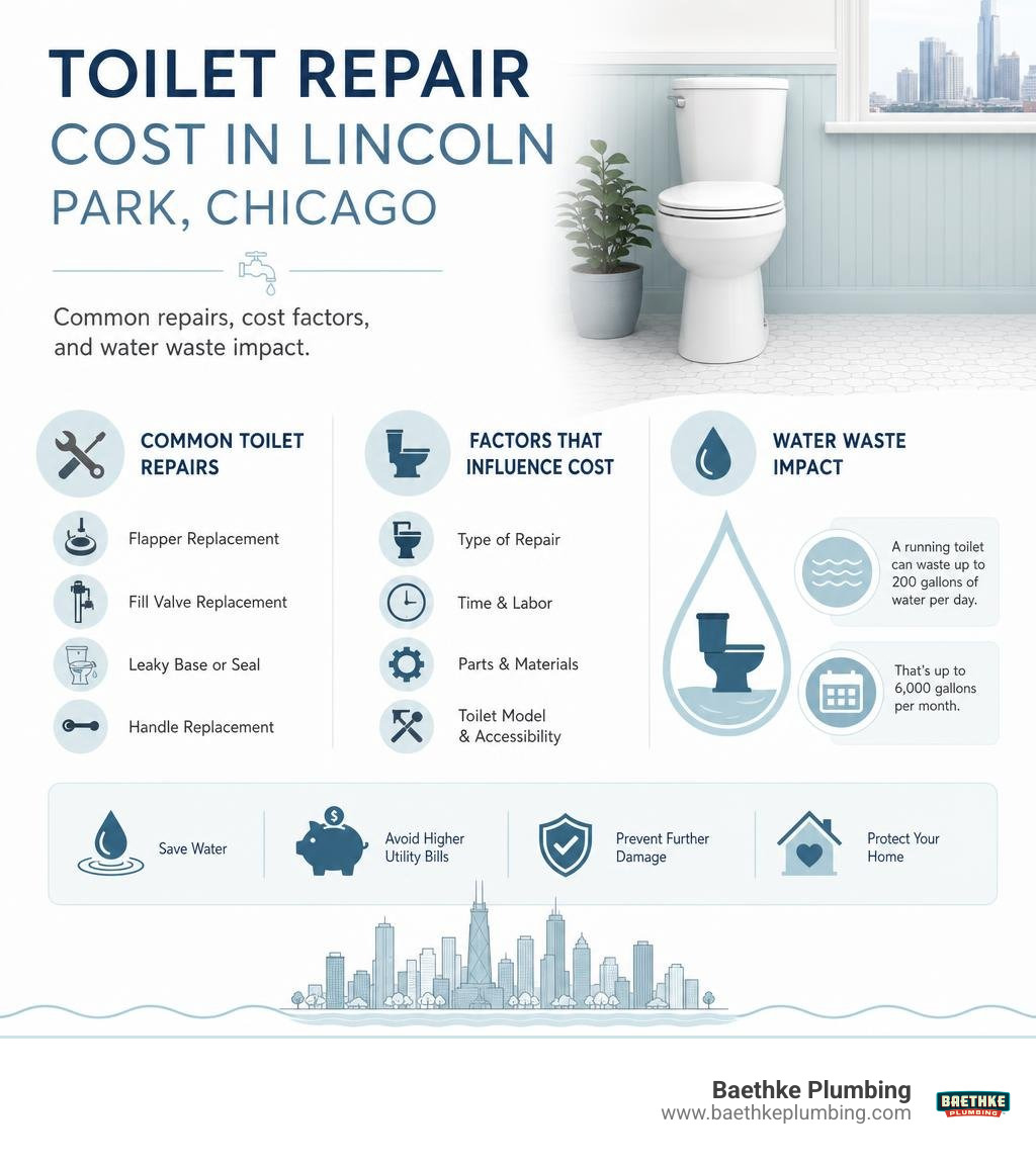 Infographic showing toilet repair cost ranges in Lincoln Park Chicago, water waste stats, and common repair types infographic Infographic showing toilet repair cost ranges in Lincoln Park Chicago, water waste stats, and common repair types infographic