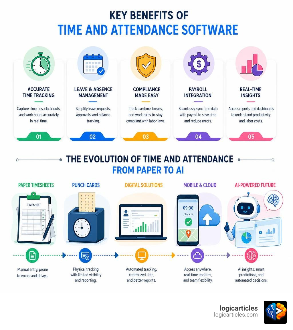infographic showing key benefits and evolution of time and attendance software from paper to AI infographic
