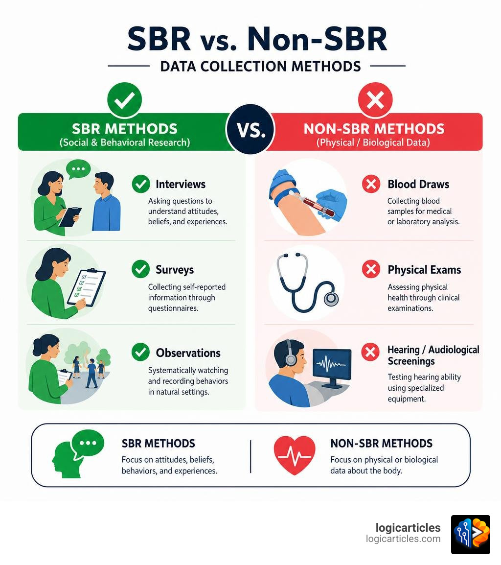 Infographic showing SBR vs non-SBR data collection methods with examples like interviews surveys and blood draws infographic Infographic showing SBR vs non-SBR data collection methods with examples like interviews surveys and blood draws infographic