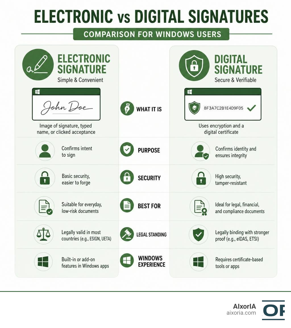 Electronic vs digital signatures comparison infographic for Windows users infographic Electronic vs digital signatures comparison infographic for Windows users infographic