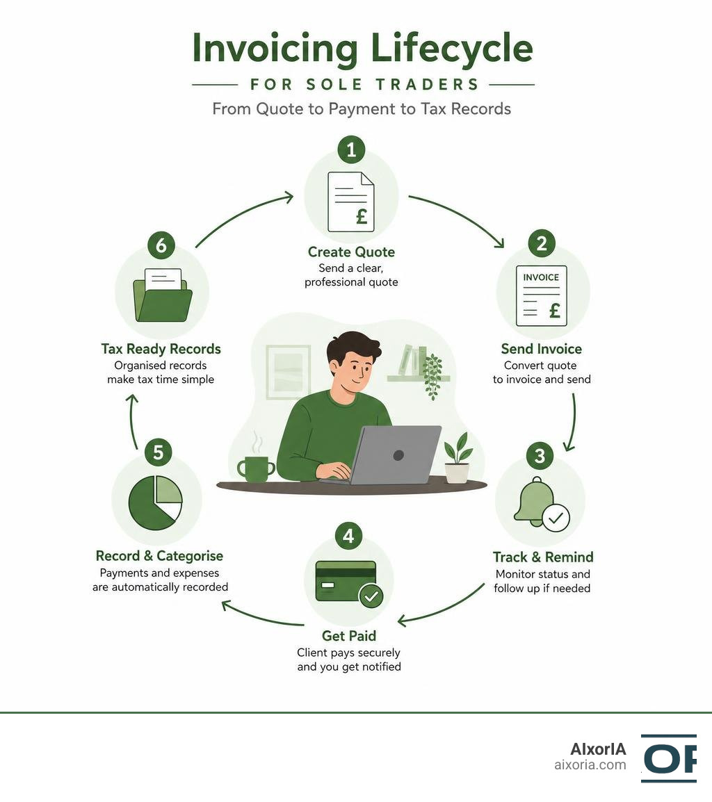 Invoicing lifecycle for sole traders: from quote to payment to tax records infographic Invoicing lifecycle for sole traders: from quote to payment to tax records infographic