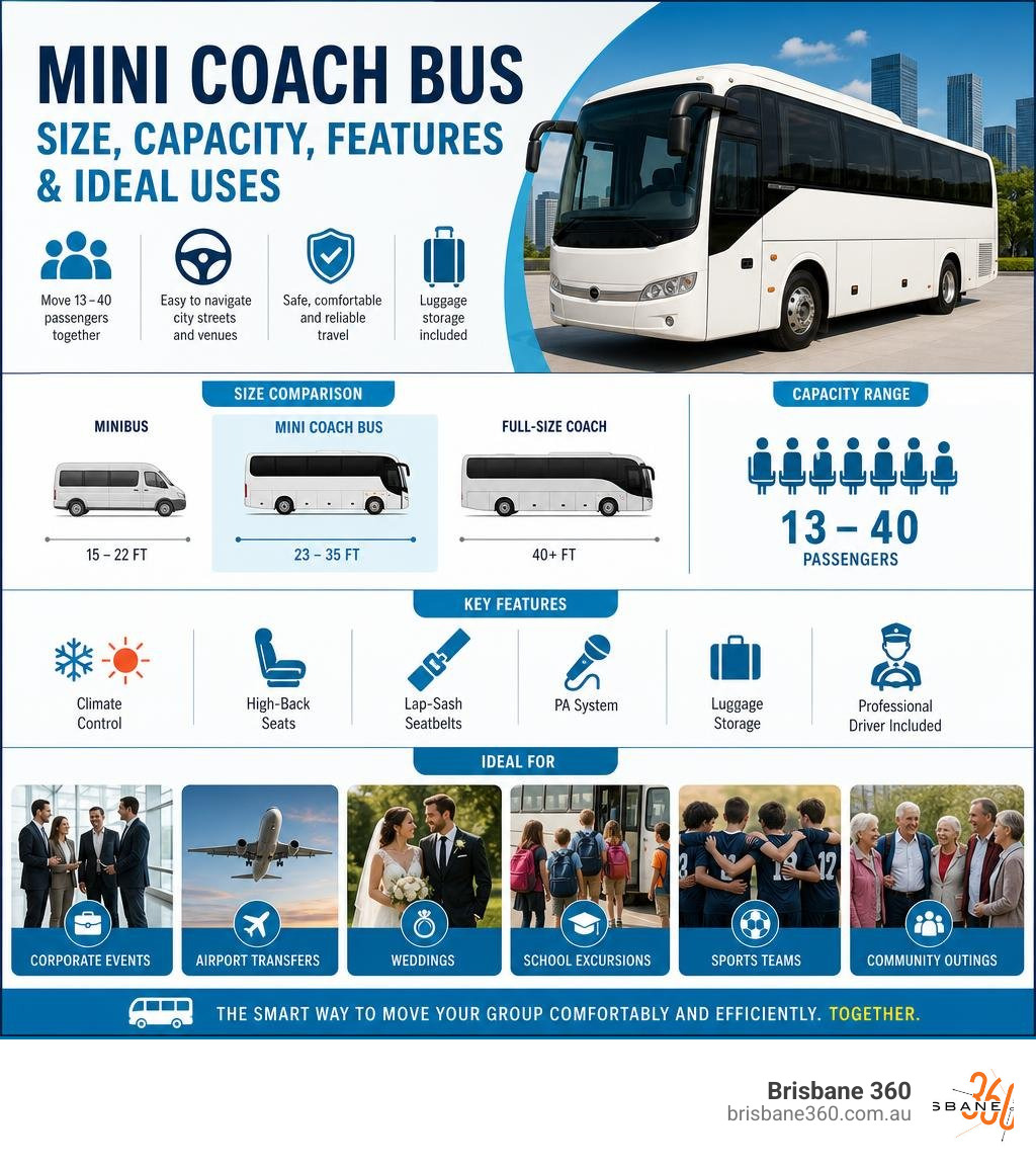 Mini coach bus size comparison, capacity ranges, key features, and ideal use cases infographic infographic