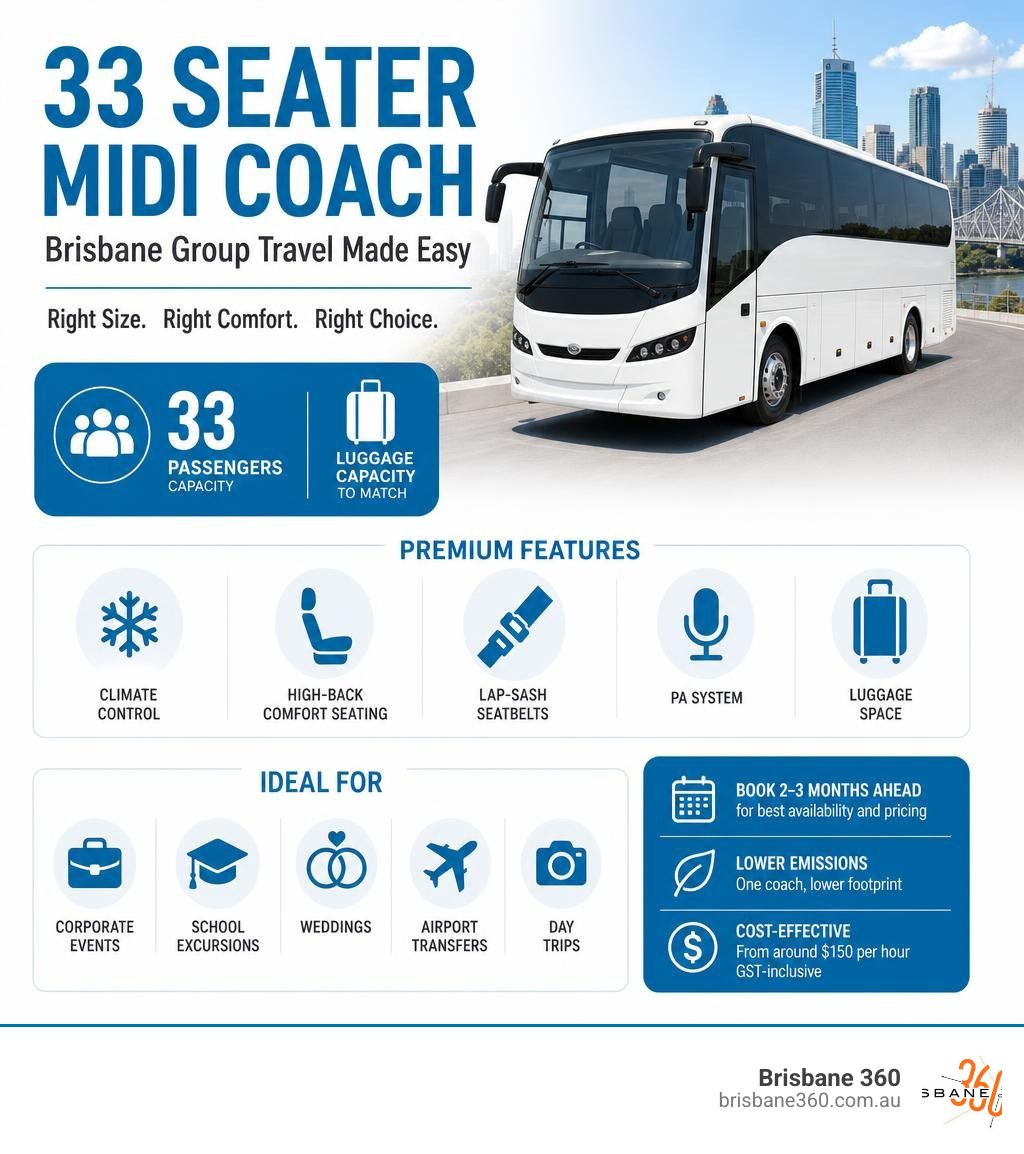 Infographic showing 33 seater midi coach benefits, capacity, features, and ideal use cases for Brisbane group travel