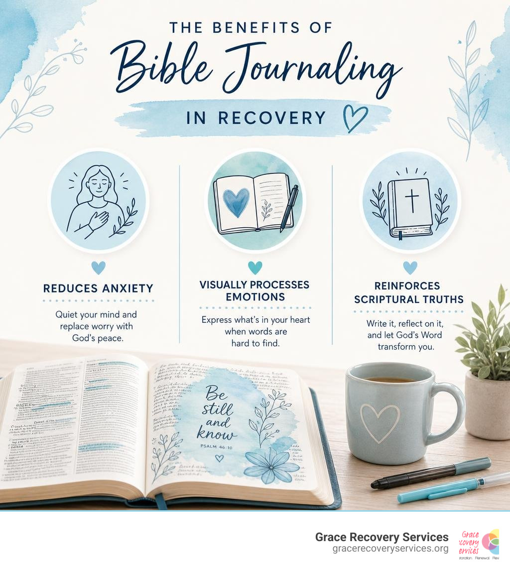 Infographic highlighting the benefits of Bible journaling in recovery: reducing anxiety, visually processing emotions, and Infographic highlighting the benefits of Bible journaling in recovery: reducing anxiety, visually processing emotions, and