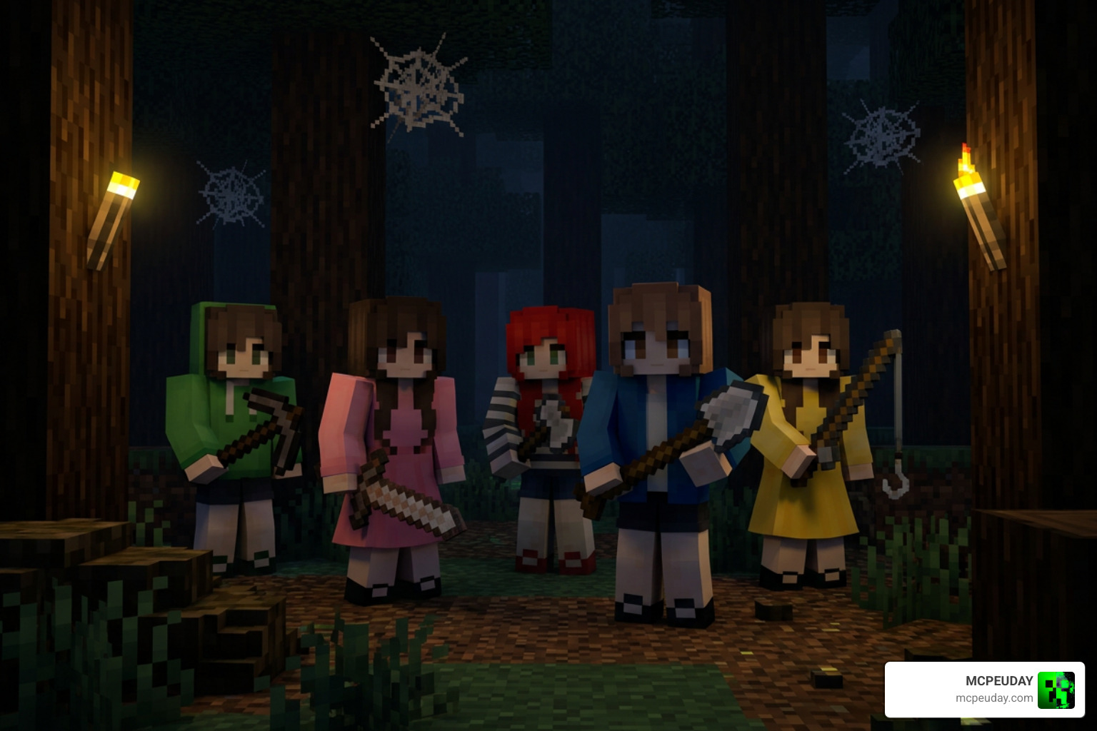 Mita variants standing in a dark Minecraft forest holding dangerous weapons Mita variants standing in a dark Minecraft forest holding dangerous weapons