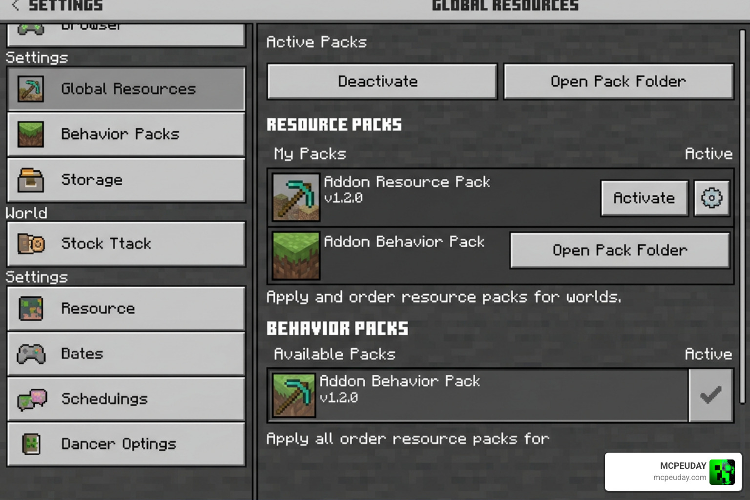 Step-by-step Minecraft PE settings configuration showing resource and behavior pack activation Step-by-step Minecraft PE settings configuration showing resource and behavior pack activation