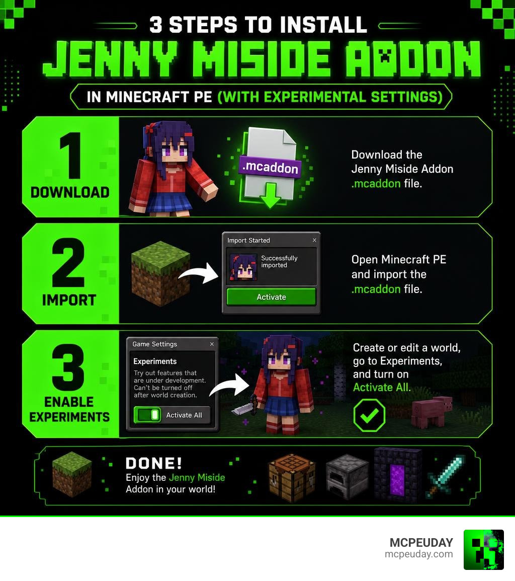 3-step infographic for installing Jenny Miside Addon in Minecraft PE with Experimental Settings infographic 3-step infographic for installing Jenny Miside Addon in Minecraft PE with Experimental Settings infographic