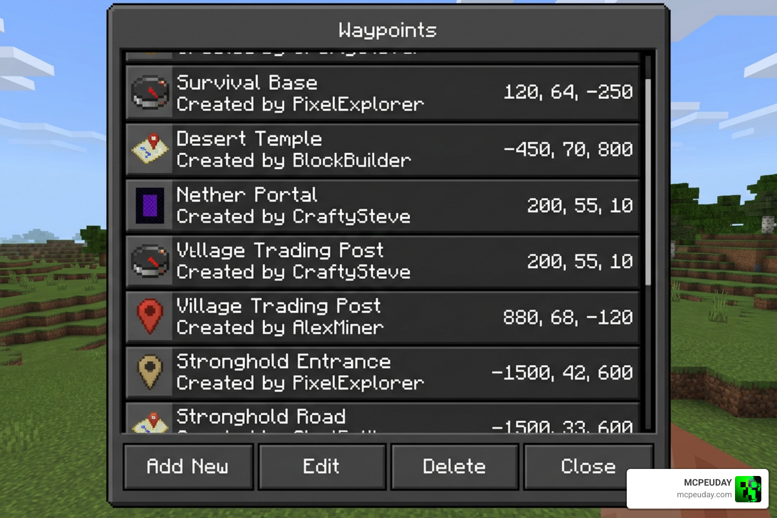 In-game waypoint menu showing list of saved locations