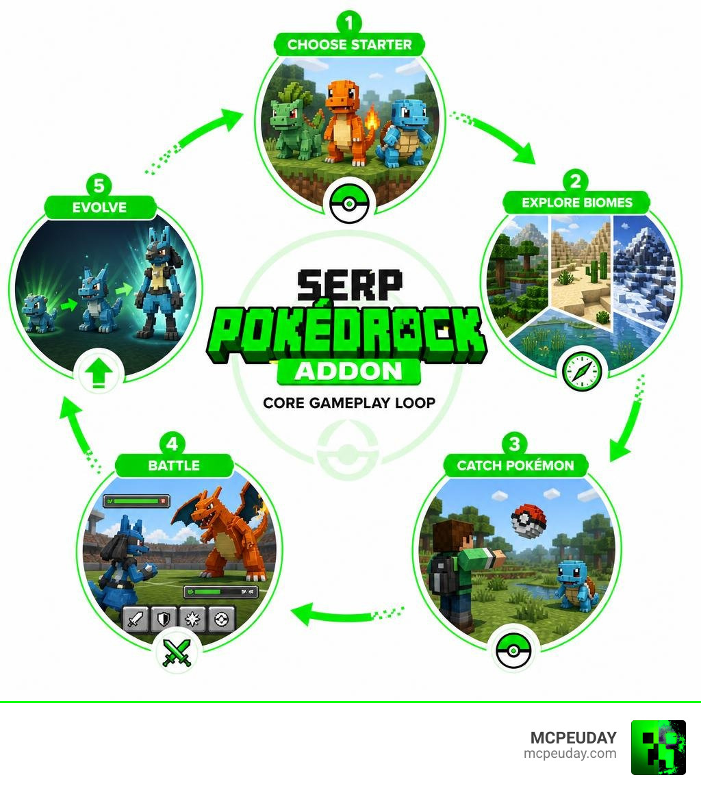 SERP Pokédrock ADDON core gameplay loop infographic showing starter selection, biome exploration, catching, battling, and SERP Pokédrock ADDON core gameplay loop infographic showing starter selection, biome exploration, catching, battling, and