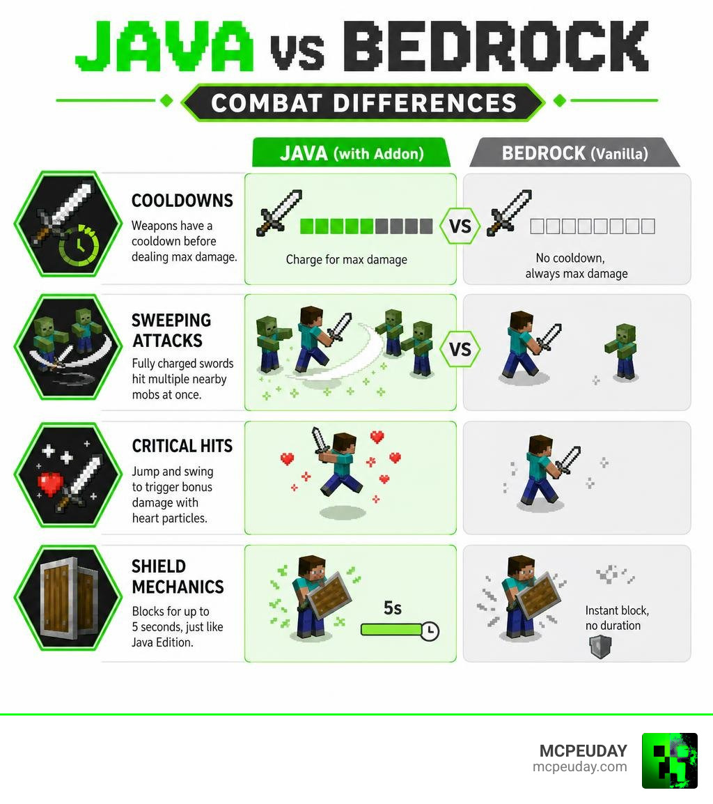 Java vs Bedrock combat differences infographic: cooldowns, sweeping attacks, critical hits, shield mechanics infographic Java vs Bedrock combat differences infographic: cooldowns, sweeping attacks, critical hits, shield mechanics infographic