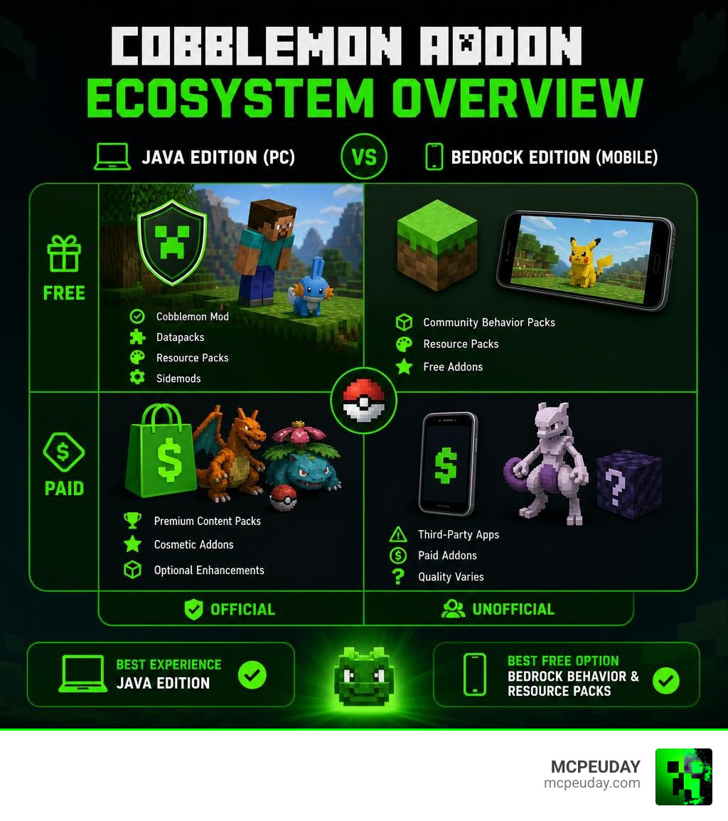 Cobblemon Addon ecosystem overview: Java vs Bedrock, free vs paid, official vs unofficial infographic Cobblemon Addon ecosystem overview: Java vs Bedrock, free vs paid, official vs unofficial infographic