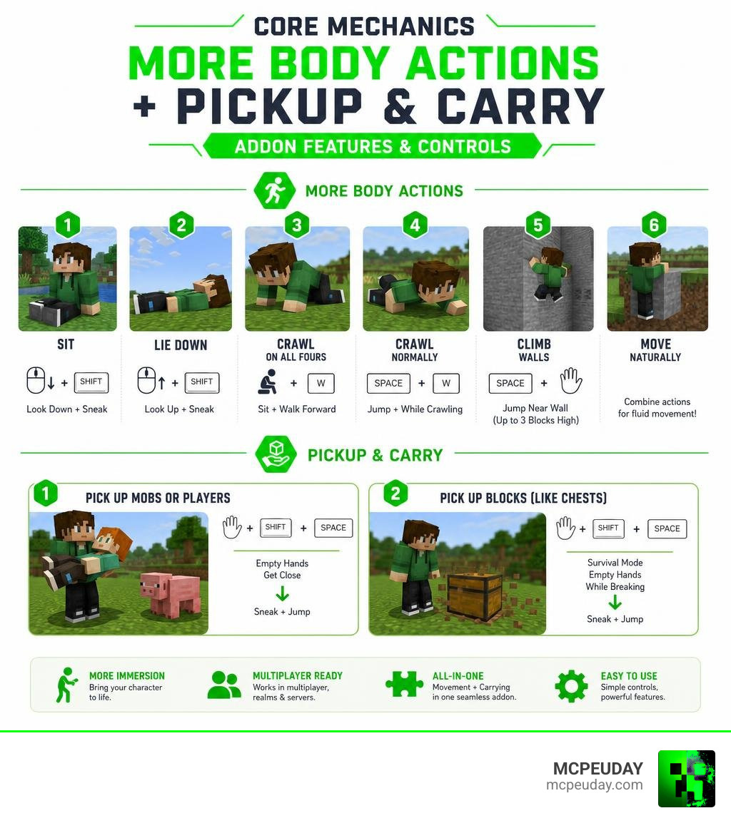 Core mechanics infographic: More Body Actions and Pickup and Carry ADDON features and controls infographic Core mechanics infographic: More Body Actions and Pickup and Carry ADDON features and controls infographic