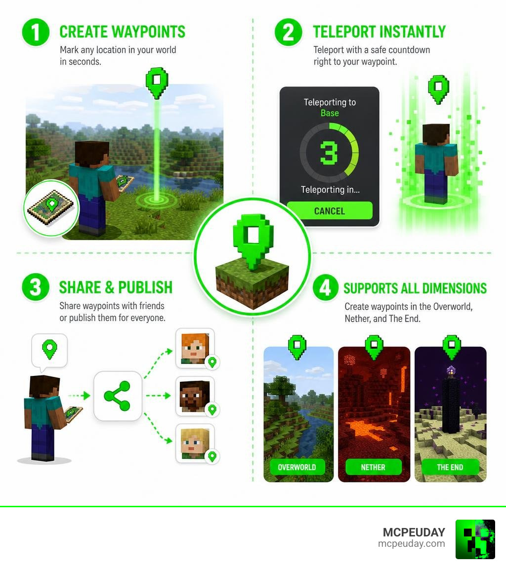 Infographic showing waypoint creation, teleportation countdown, sharing, and dimension support infographic