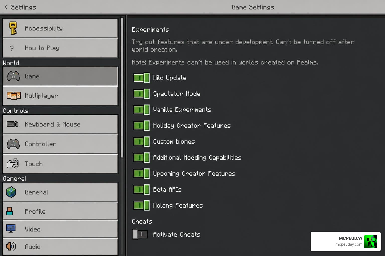 Minecraft experimental settings toggled on for behavior packs Minecraft experimental settings toggled on for behavior packs