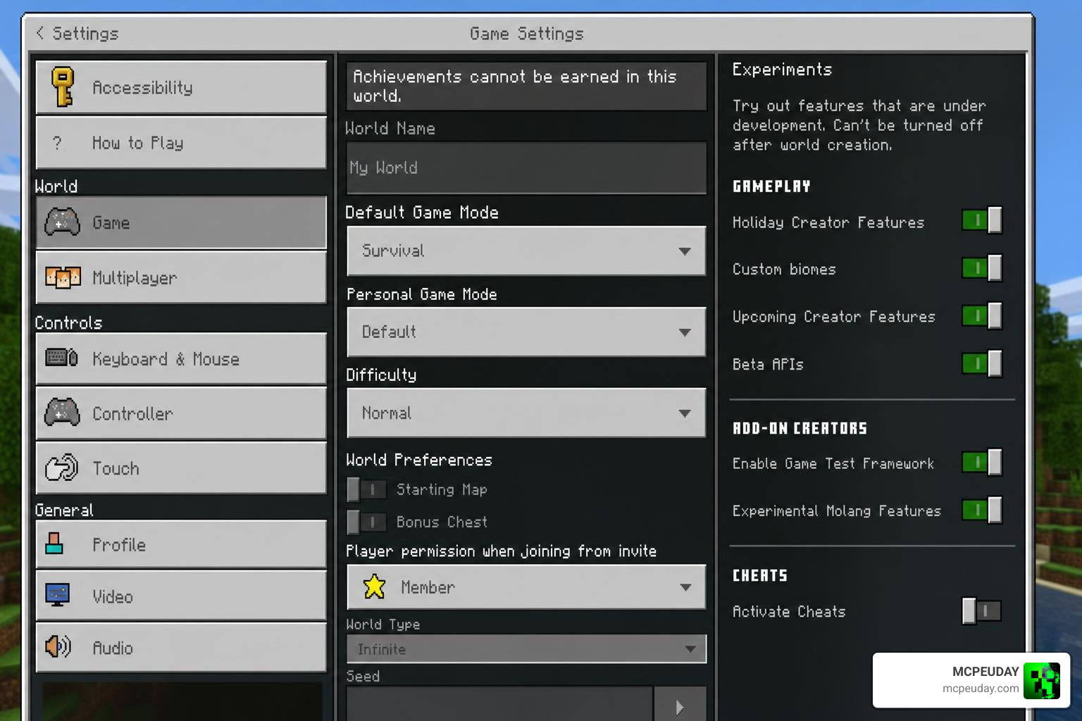 Minecraft world settings experimental toggles for behavior and resource packs Minecraft world settings experimental toggles for behavior and resource packs