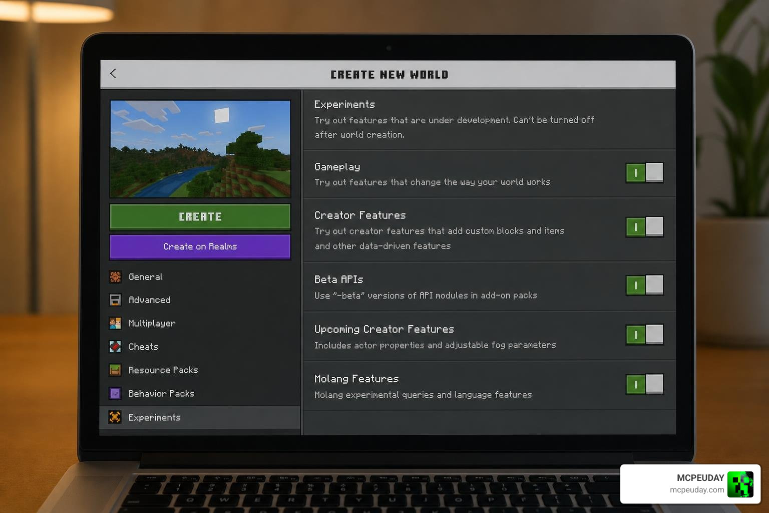 Minecraft Bedrock world creation screen showing Behavior Packs and Experiments menu Minecraft Bedrock world creation screen showing Behavior Packs and Experiments menu